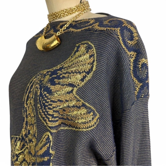 Nautical knit  blue and gold boat neck  long sleeve light weight sweater - Picture 8 of 11